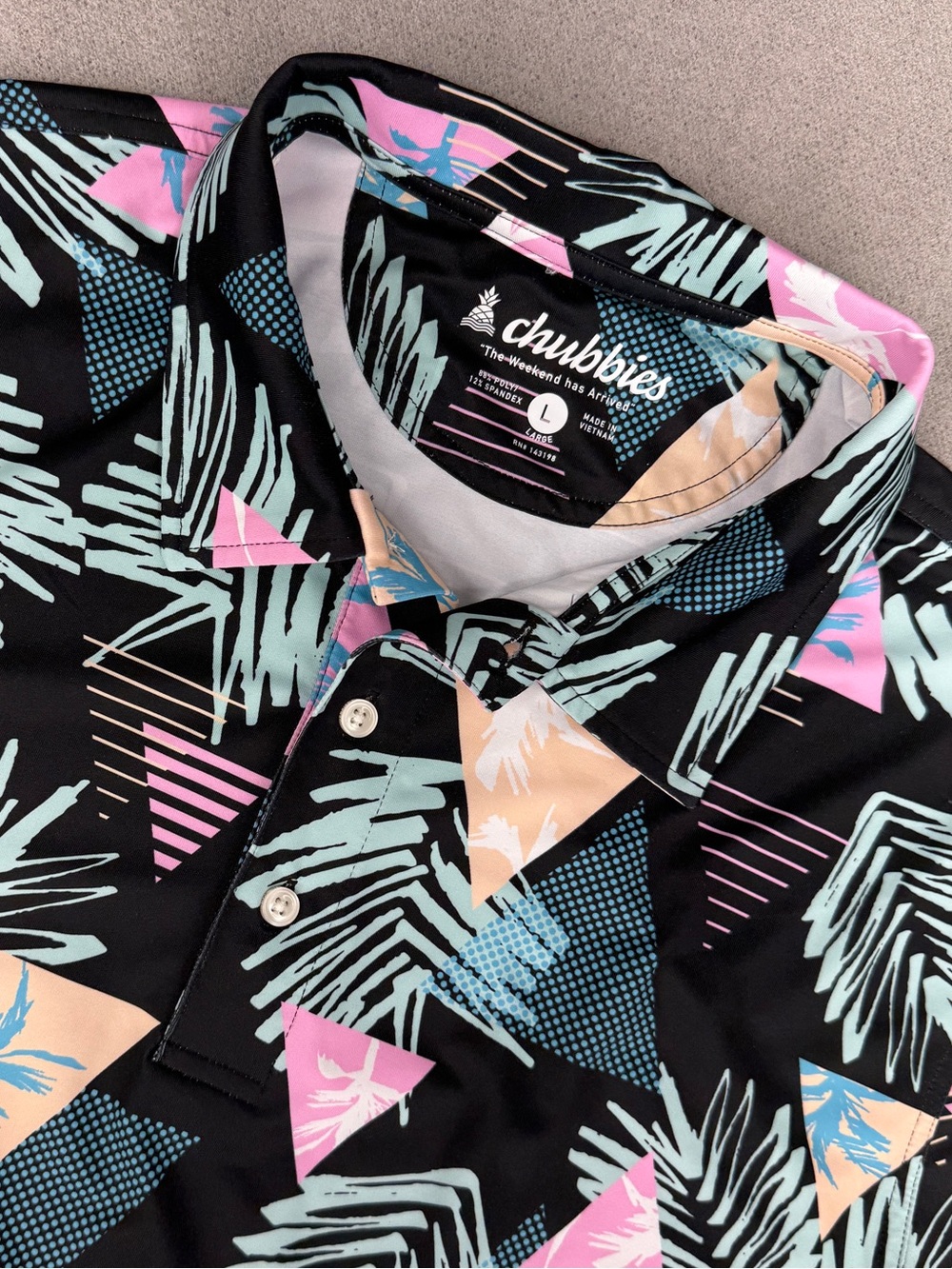 Chubbies Mens L Golf Polo Shirt Weekend Floral Palms Neon Retro 80’s Miami Vice